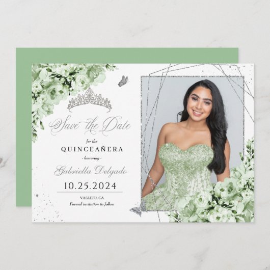 Sage Groen Zilver Quinceañera Sla de datum foto Kaart (Voorkant / Achterkant)