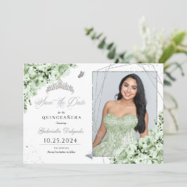 Sage Groen Zilver Quinceañera Sla de datum foto Kaart