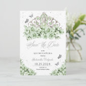 Sage Groen Zilver Tiara Bewaar de datum Quinceañer Kaart (Staand voorkant)