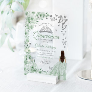 Sage Groen Zilveren Bloemstuk Quinceanera Acryl Uitnodigingen