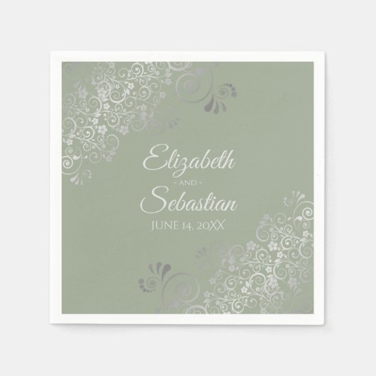 Sage Groen & Zilveren Frills Elegant Bruiloft Servet (Voorkant)