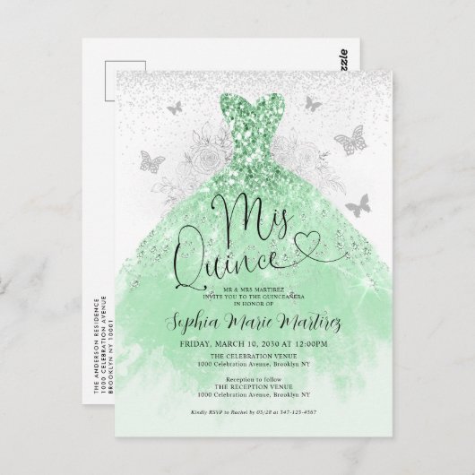 Sage Groen Zilveren Jurk Mis Quince Quinceañera Briefkaart (Voorkant / Achterkant)