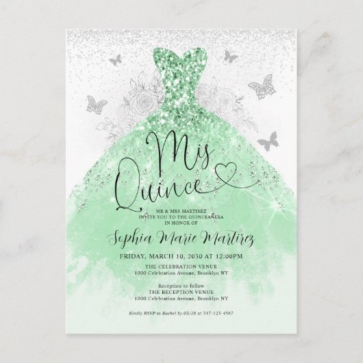Sage Groen Zilveren Jurk Mis Quince Quinceañera Briefkaart (Voorkant)