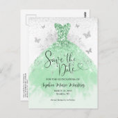 Sage Groen Zilveren Jurk Quinceañera Save the Date Briefkaart (Voorkant / Achterkant)