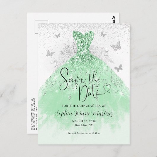 Sage Groen Zilveren Jurk Quinceañera Save the Date Briefkaart (Voorkant / Achterkant)
