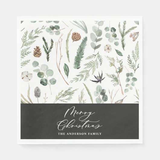 Sage groen zwart Kerstmis minimale botanische Servet (Voorkant)