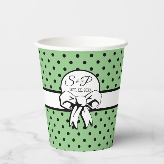 Sage Groen Zwart Polka Dot Wit Boog Gepersonalisee Papieren Bekers (Voorkant)