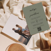 Sage Groen & Zwart Script Foto QR Code Bruiloft Kaart