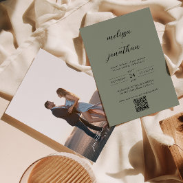 Sage Groen & Zwart Script Foto QR Code Bruiloft Kaart