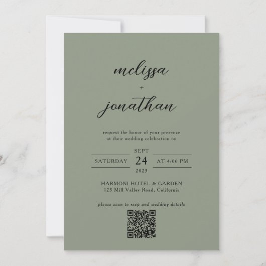 Sage Groen & Zwart Script Foto QR Code Bruiloft Kaart (Voorkant)