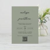 Sage Groen & Zwart Script Foto QR Code Bruiloft Kaart (Staand voorkant)