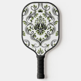 Sage Groen Zwart-wit Damask Bloemen Pickleball Paddle