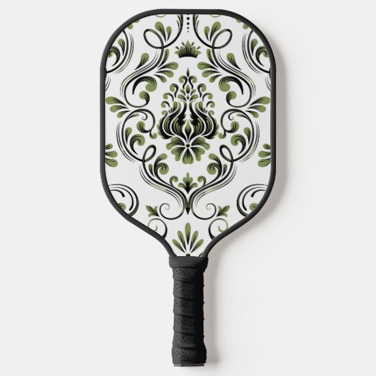 Sage Groen Zwart-wit Damask Bloemen Pickleball Paddle (Voorkant)
