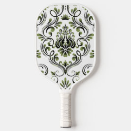 Sage Groen Zwart-wit Damask Bloemen Pickleball Paddle