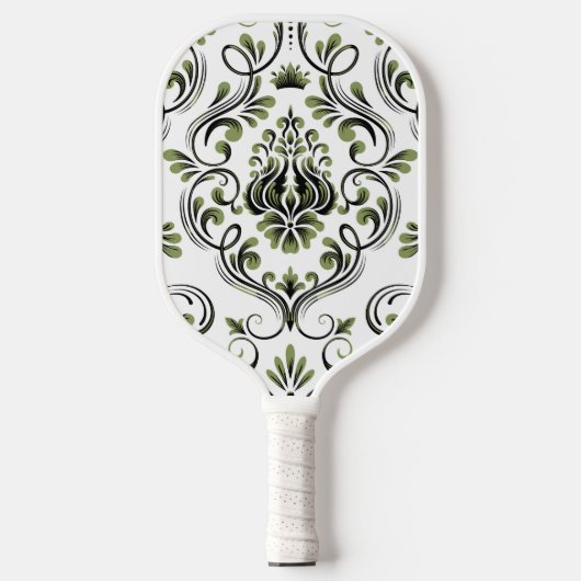 Sage Groen Zwart-wit Damask Bloemen Pickleball Paddle (Voorkant)