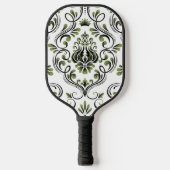 Sage Groen Zwart-wit Damask Bloemen Pickleball Paddle (Voorkant)