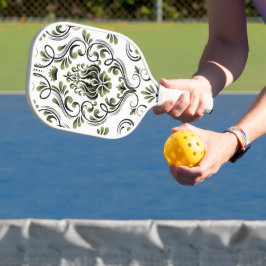 Sage Groen Zwart-wit Damask Bloemen Pickleball Paddle