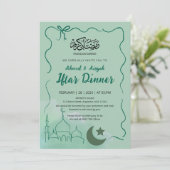 Sage Groene Aquarel Moskee Iftar Diner Kaart (Staand voorkant)