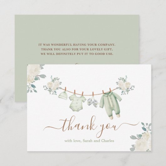 Sage Groene Baby Kleding Baby shower Dank je Kaart (Voorkant / Achterkant)
