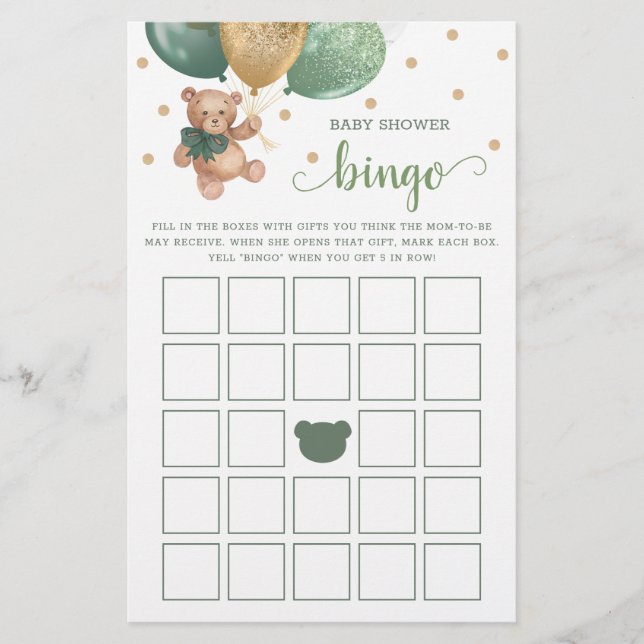 Sage Groene Baby Shower Bingo Spel Teddybeer (Voorkant)