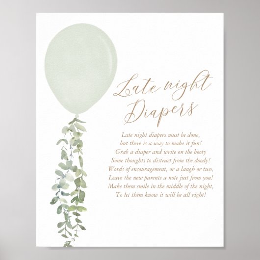 Sage Groene Ballon Baby shower Late Night Luiers Poster (Voorkant)