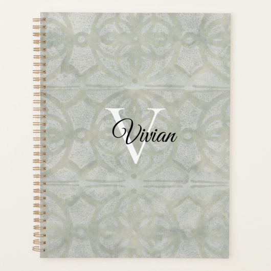 Sage Groene Batik Elegante Monogram Naam Planner (Voorkant)