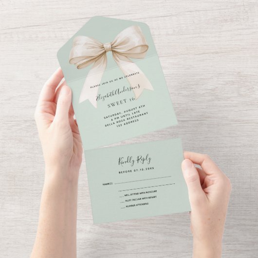 Sage groene beige crème boog Sweet 16 rsvp All In One Uitnodiging (Afscheurbaar)