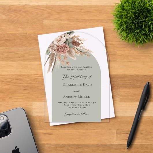 Sage groene beige rozen pampas boogvrij bruiloft acryl uitnodigingen