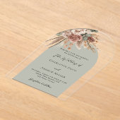 Sage groene beige rozen pampas boogvrij bruiloft acryl uitnodigingen (Laagn)