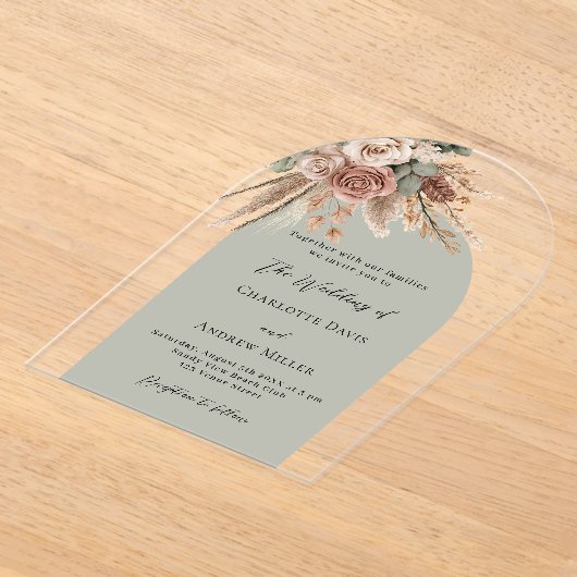 Sage groene beige rozen pampas boogvrij bruiloft acryl uitnodigingen (Laagn)