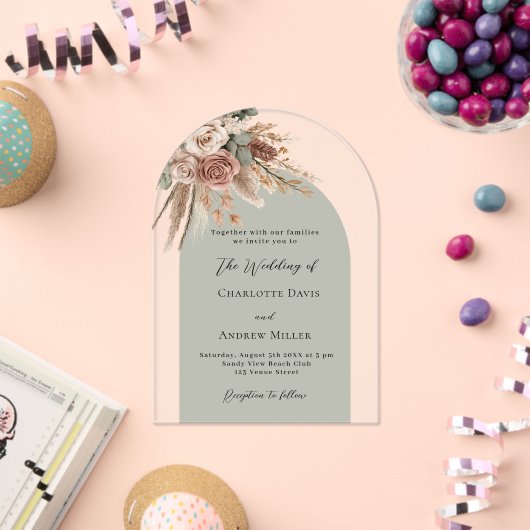 Sage groene beige rozen pampas boogvrij bruiloft acryl uitnodigingen (Insitu (Viering))