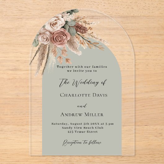 Sage groene beige rozen pampas boogvrij bruiloft acryl uitnodigingen (Voorkant)