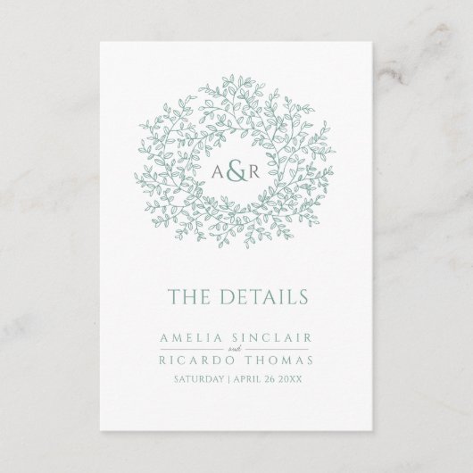 Sage groene bladeren cirkel bruiloft details en QR Informatiekaartje (Voorkant)