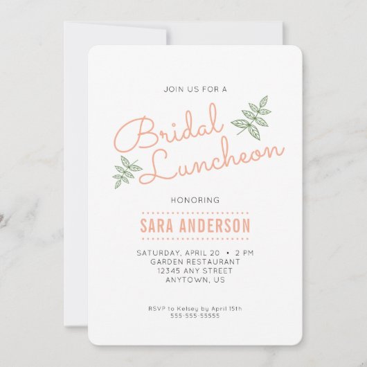 Sage Groene bladeren en koraal bruids lunch Kaart (Voorkant)