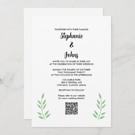 Sage Groene Bladeren QR Code Zwart Script Bruiloft Kaart (Voorkant / Achterkant)