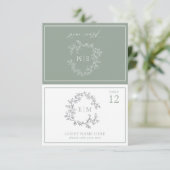 Sage Groene Bladkam Monogram Bruiloft Plaats Kaart (Staand voorkant)