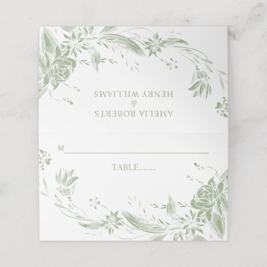 Sage groene bloem arrangement bruiloft plaatskaartje (Buitenkant ongevouwen)