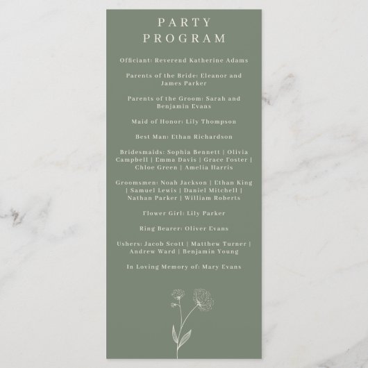 Sage Groene Bloem Katoen Bloemen Bruiloft Programm Menu (Achterkant)