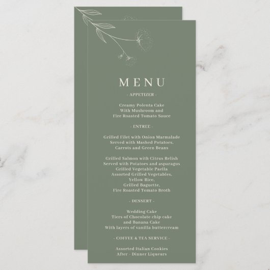 Sage Groene Bloem Kunst Katoen Bruiloft Menu (Voorkant / Achterkant)