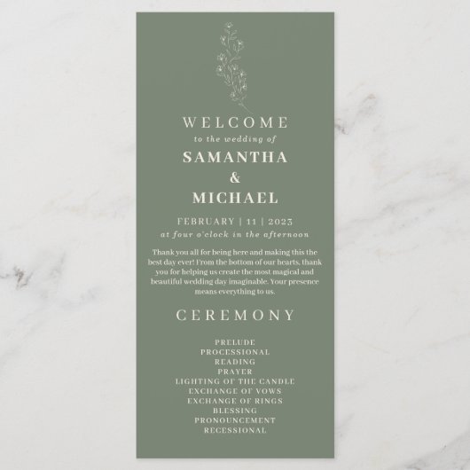 Sage Groene Bloem Tiny Bloemen Bruiloft Programma (Voorkant)