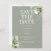 Sage groene bloem typografie foto bruiloft save the date (Voorkant)
