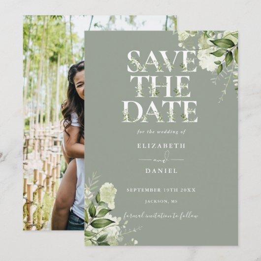 Sage groene bloem typografie foto bruiloft save the date (Voorkant / Achterkant)