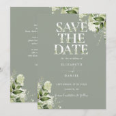 Sage groene bloem typografie QR-code trouwkaart Save The Date (Voorkant / Achterkant)