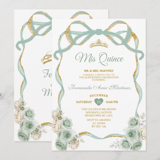 Sage Groene Bloemboog Lint Gouden Kroon Mis Quince Kaart (Voorkant / Achterkant)