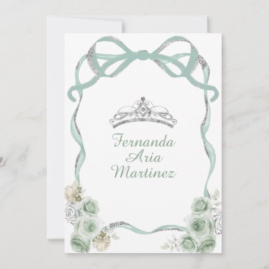 Sage Groene Bloemboog Lint Zilver Mis Quince Kaart (Achterkant)