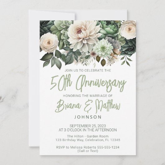 Sage Groene Bloemen 50ste Bruiloft Jubileum Kaart (Voorkant)