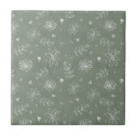 Sage Groene Bloemen Boerderij Keramische Tegel Tegeltje<br><div class="desc">Eenvoudige hand getekende witte bloemen en bladeren op een land salie groene boerderij achtergrond. 100% klanttevredenheid met "Zazzle" elke dag.</div>
