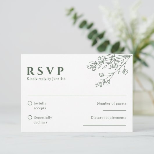 Sage Groene Bloemen Boho Botanische Unieke Bruilof RSVP Kaartje (Staand voorkant)