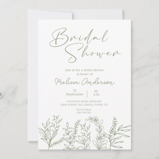 Sage Groene Bloemen Boho Bruidsdouche Uitnodiging (Voorkant)
