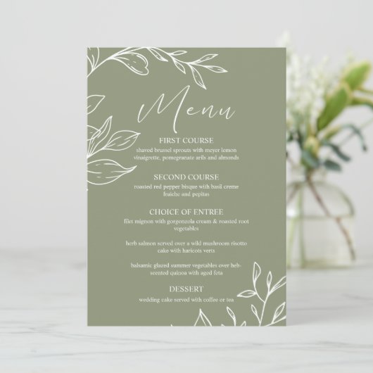 Sage Groene Bloemen Boho Bruiloft Menu (Staand voorkant)